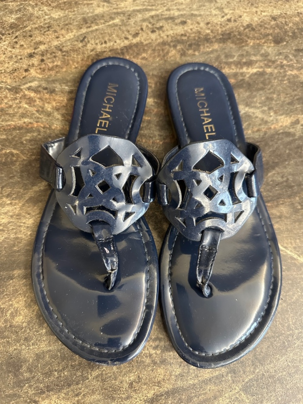 Michael Kors Navy Patent Leather Logo Thong Sandals